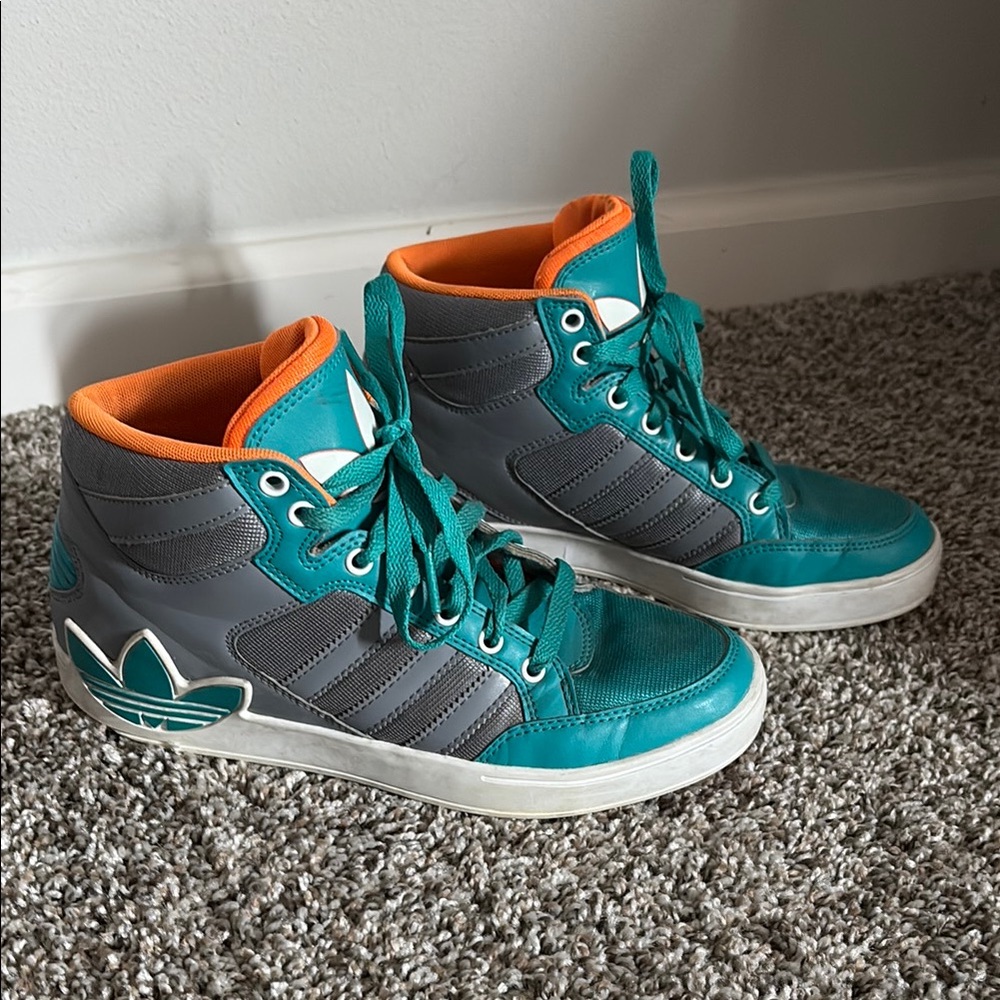 Adidas Turquoise and Gray High-Tops with Orange Accents